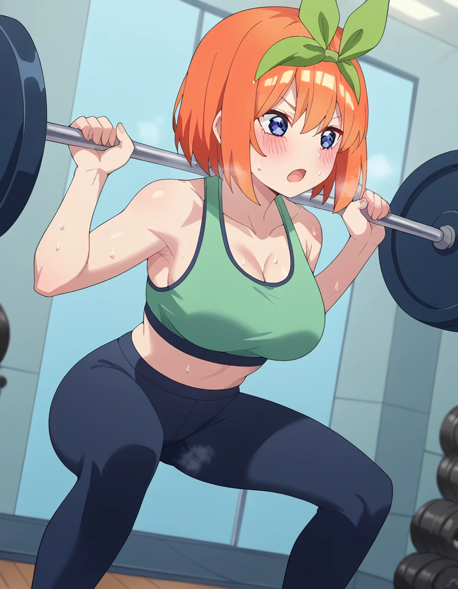 score_9, score_8_up, score_7_up, source_anime, <lora:yotsuba-nakano-s2-ponyxl-lora-nochekaiser:1>, yotsuba nakano, bangs, short hair, blue eyes, hair between eyes, hair ribbon, hairband, orange hair, green ribbon, large breasts,, <lora:weighted-squats-ponyxl-lora-nochekaiser:1>, weighted squats, squat (exercise), exercising, squatting, weightlifting, barbell,, yoga pants, sports bra, steam, open mouth, sweat, blush, gym,, cowboy shot,