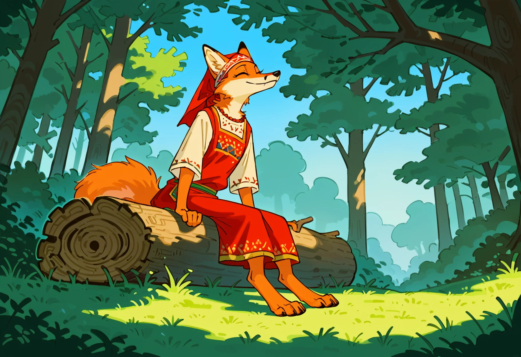 source_anime, digital artwork, (beautiful) furry anthro fox in sarafan with long snout and sitting on log in forest, from below, red dress, (orange fur:1.3), closed eyes, snout, barefoot, (digitigrade:1.8) (black) feet, proud smile, fangs, headscarf, green grass, logs<lora:sarafan-v1.0:1>