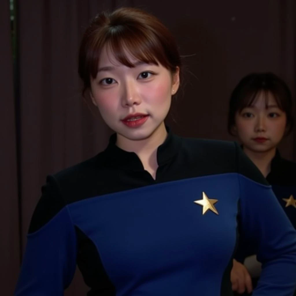 s_uaang \(person\), @s_uaang, Photo of a woman with short, dark brown hair, wearing a blue and black Starfleet uniform with a gold star emblem on the chest. She is standing in a dimly lit room with a blurred background. The lighting is soft and natural, casting gentle shadows on her face and body. The woman has a serious expression and is looking directly at the camera.  The image has a high-quality, professional feel.