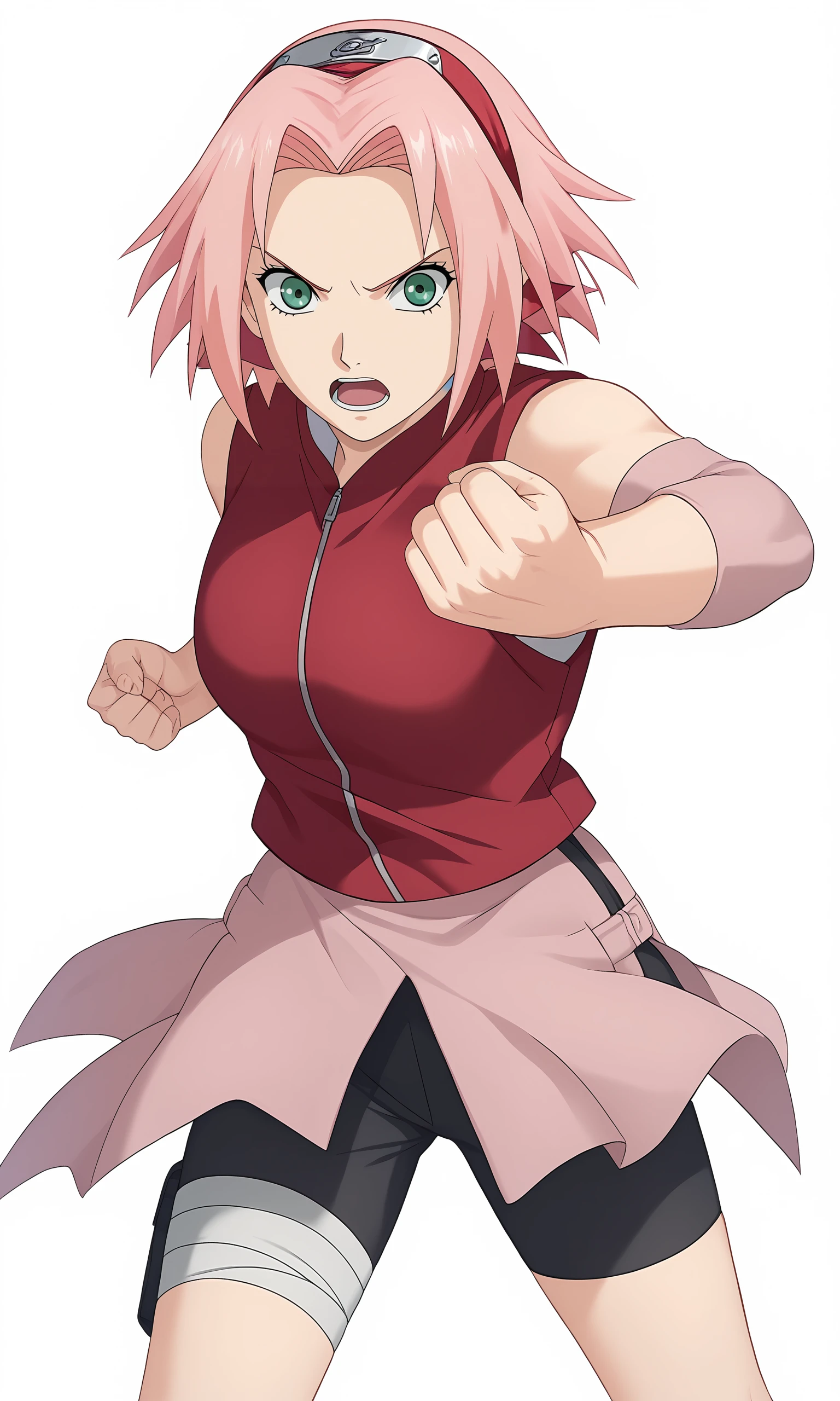 score_9, score_8_up, score_7_up, game cg,
pov, 
clenched hands, 
harunosakura, 1girl, pink hair, green eyes, short hair, black gloves, elbow pads, sleeveless shirt, looking at viewer, pink skirt, forehead protector, bandaged leg, black shorts, konohagakure symbol, red shirt, haruno sakura, 
fighting stance, 
serious, open mouth, 
simple background, white background,
 <lora:Sakura_PXL:1>