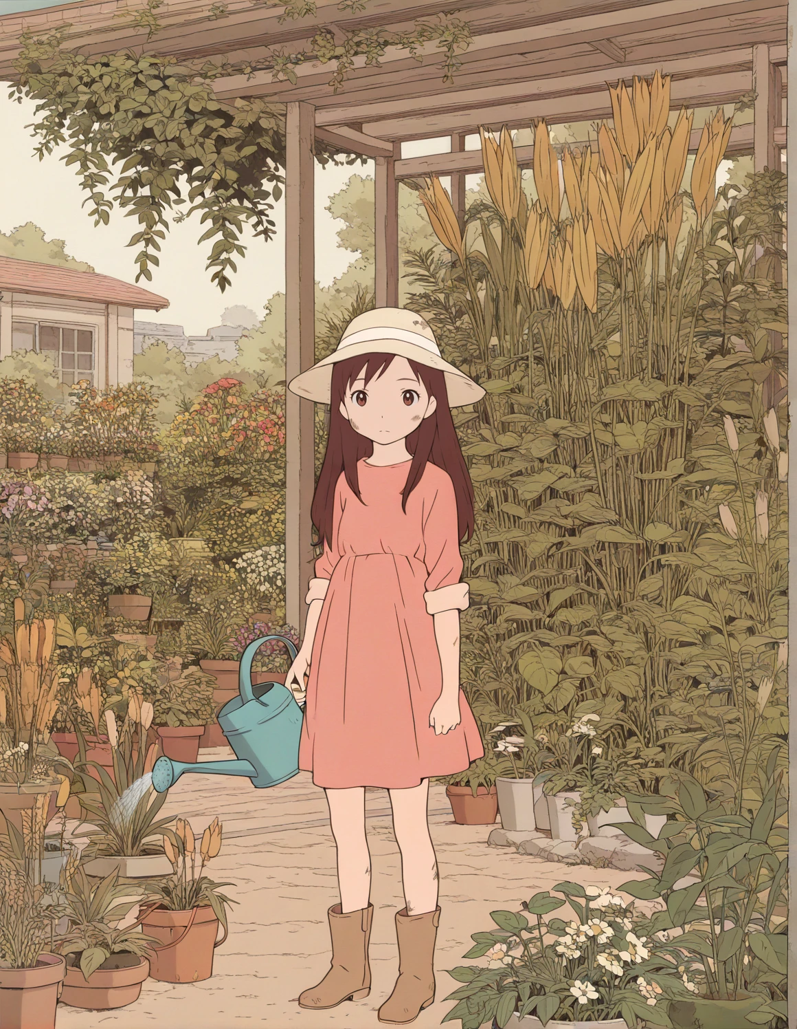 flat color, vibrant colors, thick outlines, (masterpiece, best quality, very aesthetic, absurdres), 1girl, solo, <lora:YukiIL-10:0.8>, YukiWC, brown hair, brown eyes, pink dress, sleeves rolled up, hat, boots, garden, watering can, crops, dirty face,