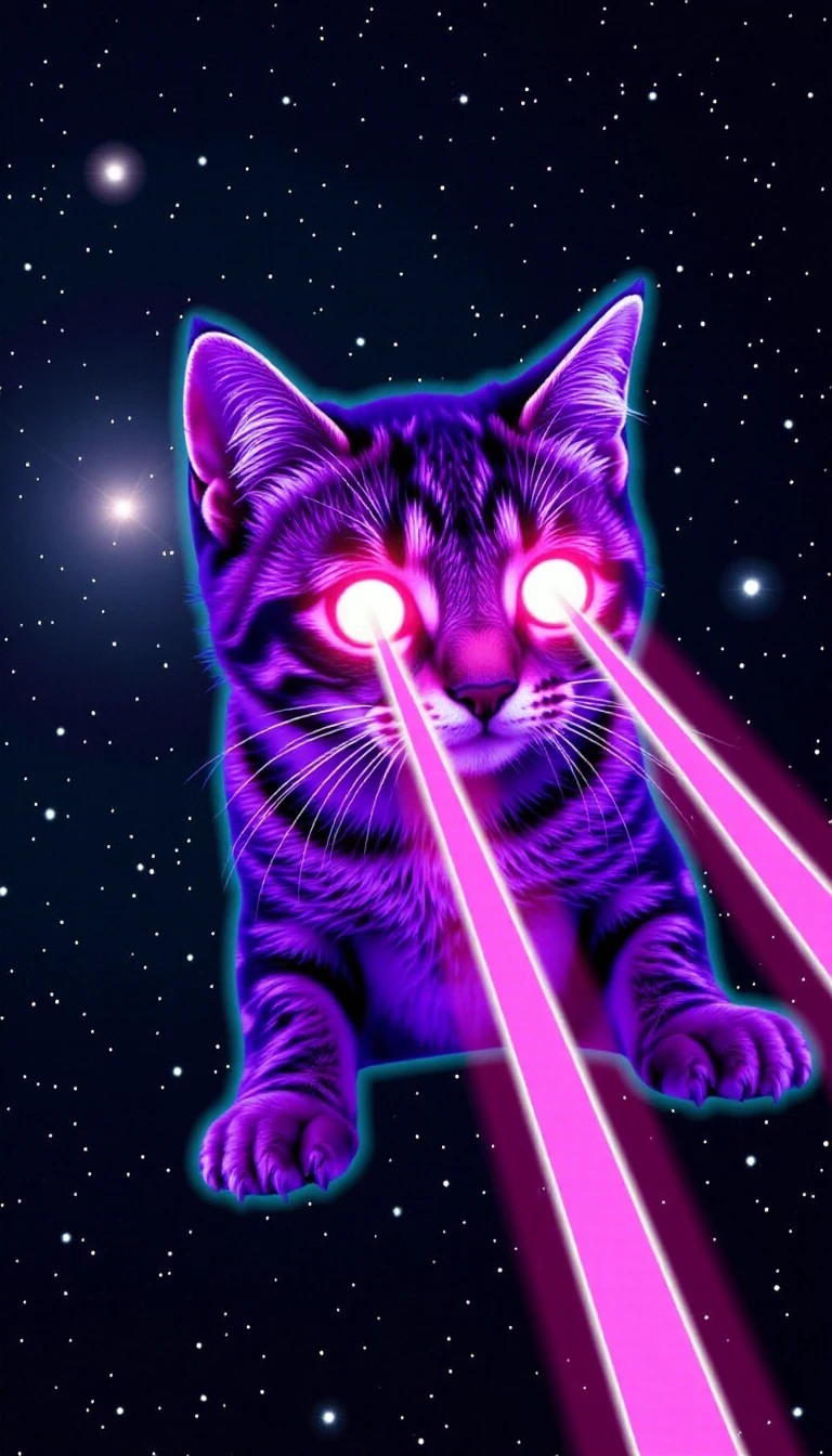 vaporwave style LASERCAT,LASER CAT WITH PARALLEL LASER BEAMS COMING FROM ITS EYES,<lora:LASERCAT_Flux_v1:1>, . retro, neon, pixelated, nostalgic