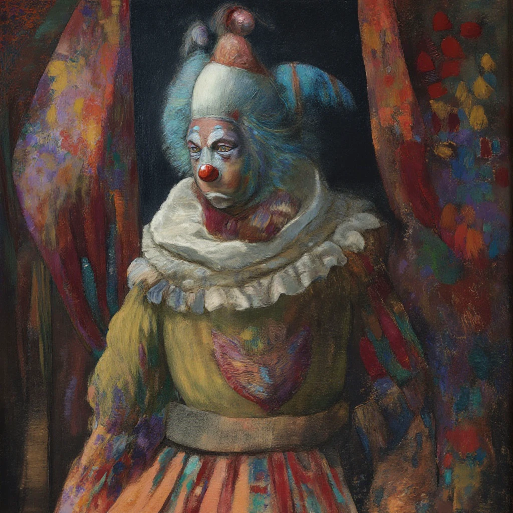 a odilonredonstyl clown in a circus, painting