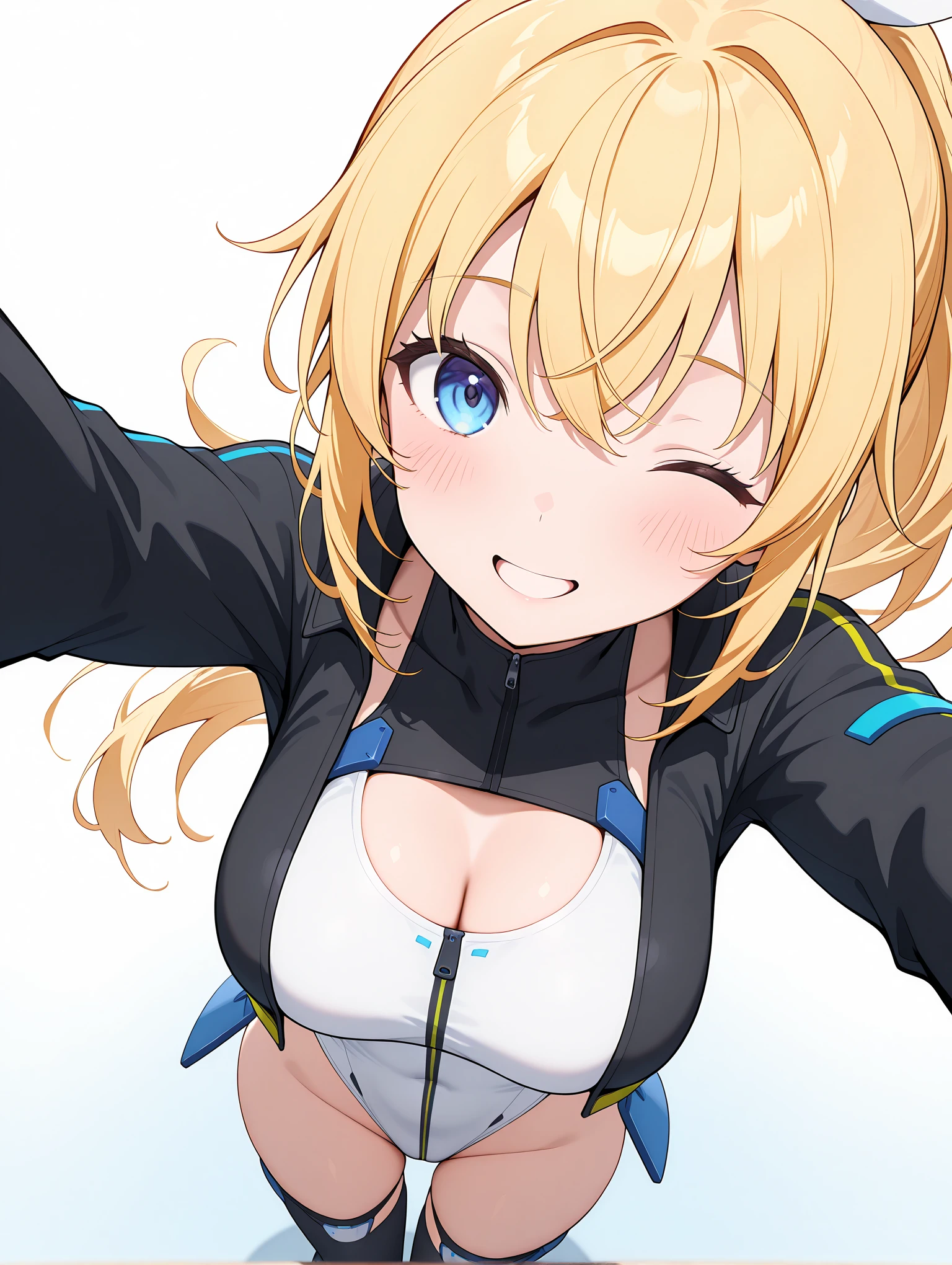 masterpiece,best quality,amazing quality,
solo,1girl,
<lora:saeki_ritsuka_ilxl_v1:0.8>,s_ritsuka,blonde hair,ponytail,blue eyes,
<lora:Fixhands_anime_bdsqlsz_V1:1>,dynamic_angle,looking_at_viewer,standing,light_blush,face_focus,simple_background,white_background,parted lips,fisheye,looking_up,Twisting the body,<lora:AGA_CompAF_Pony_b4:1>,compAF,white leotard,cropped jacket,black jacket,black thighhighs,cinematic_angle,front view,;d,reaching,, masterpiece,best quality, very aesthetic, absurdres, ultra detailed, high resolution, 4k, extremely detailed CG,