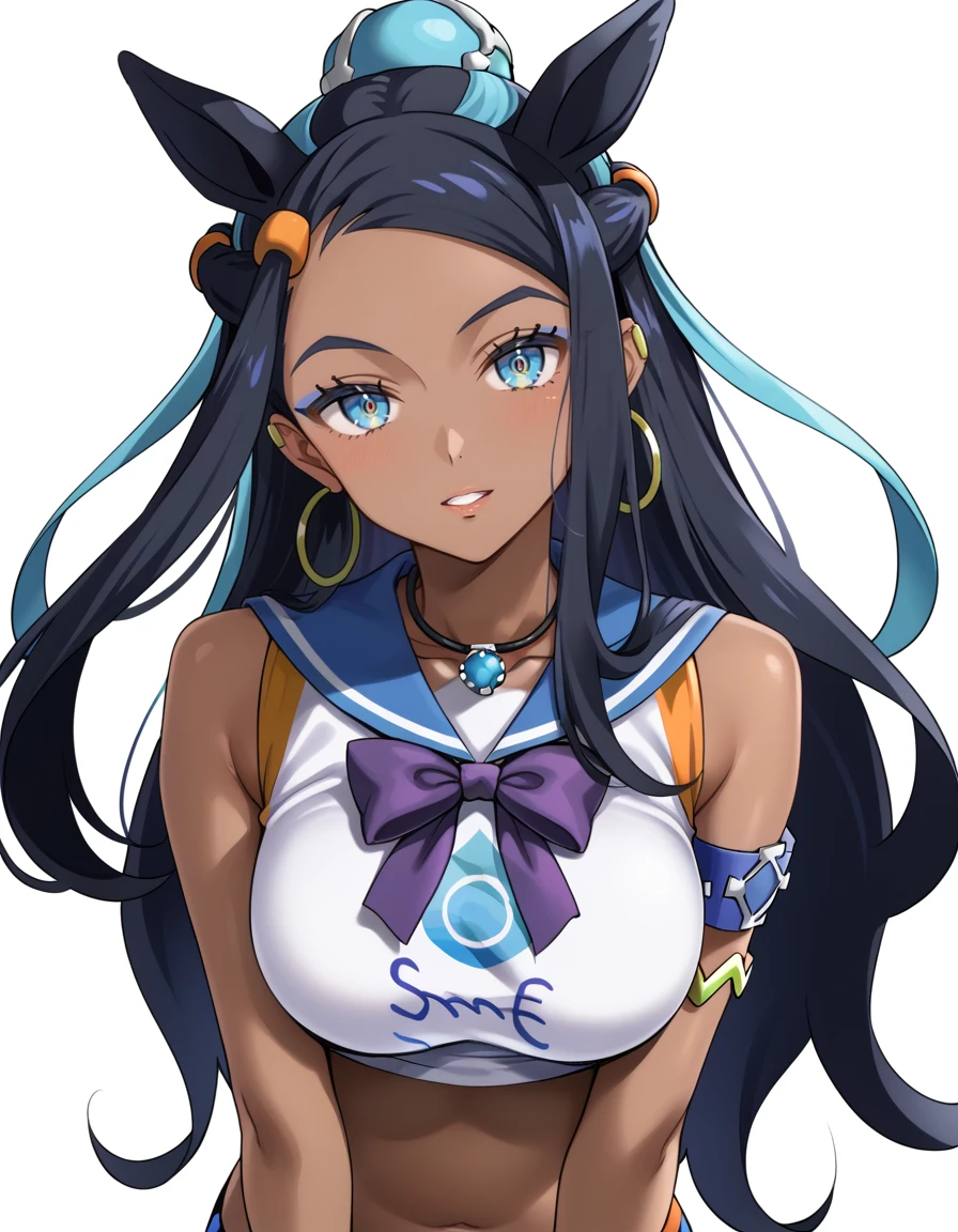 masterpiece, best_quality, absurdres,   <lora:nessa_pokemon:1>,  nessa_pokemon, long_hair, black_hair, blue_hair, multicolored_hair, dark_skin, blue_eyes, jewelry, earrings, crop_top, hair_bun, eyeshadow, armlet, necklace by_kawamochi_(tddm3573), white_sailor_collar, horse_girl, horse_ears, large_breasts, sailor_collar, blue_bow, sidelocks, bow, simple_background, upper_teeth_only, 1girl, head_tilt, white_background, looking_at_viewer, blunt_bangs, purple_bow, purple_bowtie, animal_ears, bowtie, ear_bow, solo, no_headwear, breasts, parted_lips, teeth