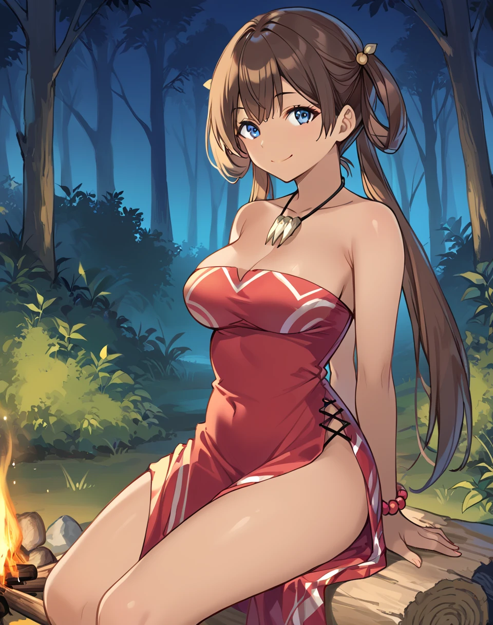 reina_ruu, brown hair, long hair, blue eyes, dark-skinned female, dark skin, low twintails, hair rings, bracelet, red tribe dress, strapless, side slit, tusk necklace  BREAK forest. campfire, night BREAK looking at viewer, flirty face, closed mouth, sexy smile, arms behind back BREAK best quality, masterpiece,score_9, score_8_up, score_7_up, perfect hand, source_anime, rating_explicit, <lora:Reina_Ruu:0.8>