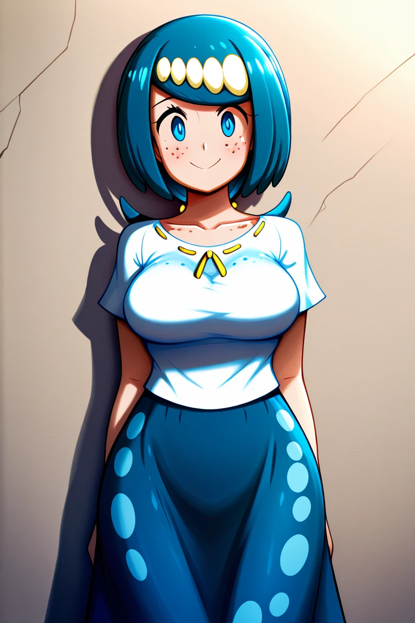 masterpiece, best quality, medium breasts,  BREAK, zzLanasMother, lana's mother (pokemon)  blue hair, blue eyes, long hair, freckles, large breasts, hair ornament, white shirt, blue skirt, <lora:LanasMotherPokemonIXL_v2:1.0>, smile, looking at viewer, cowboy shot,   <lora:theButcherXIXL_v5:1.0>,