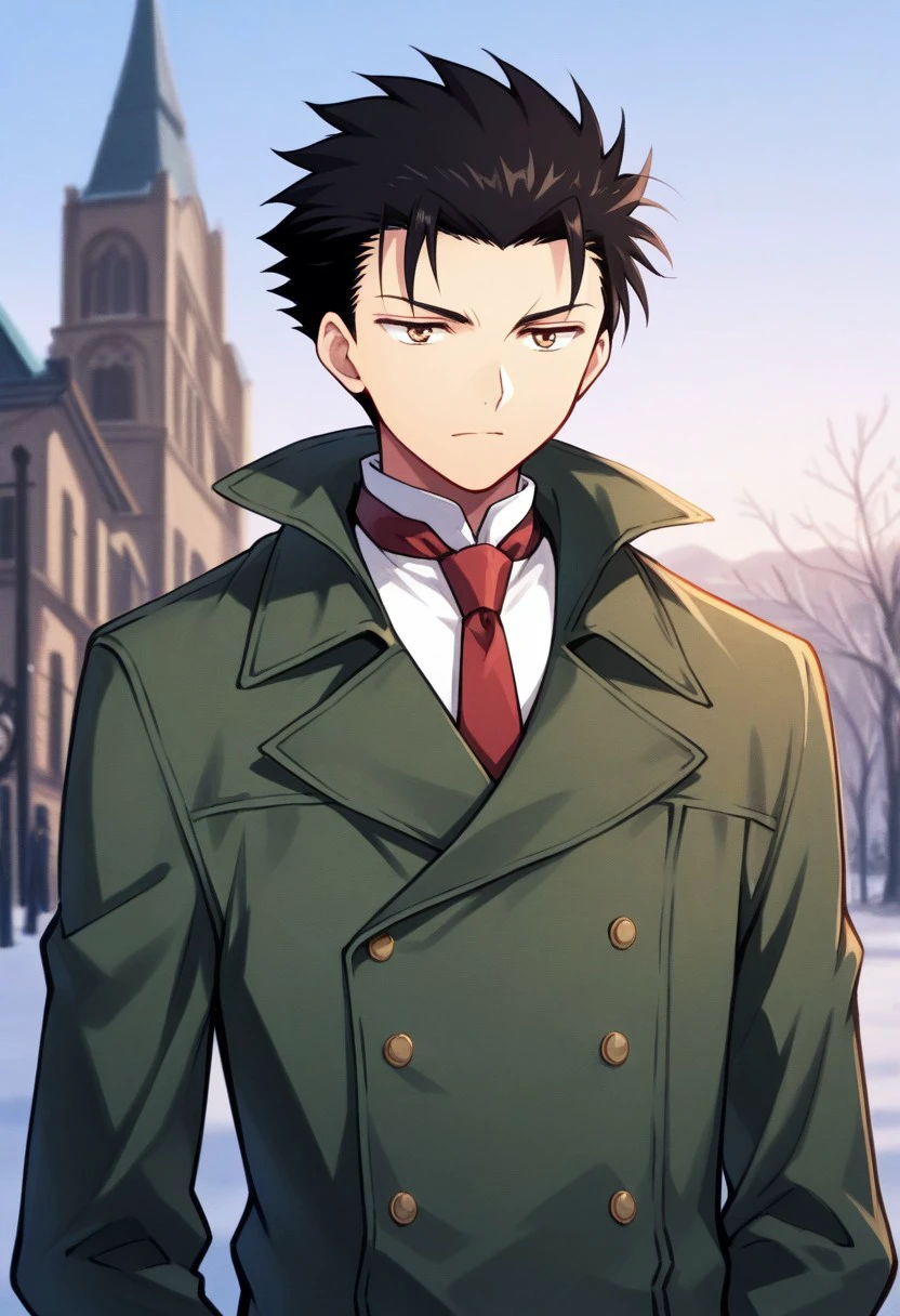 masterpiece, best quality, 
kurogane, 1boy, male focus, solo, brown eyes, black hair, short hair, spiked hair, shirt, white shirt, necktie, red necktie, double-breasted, coat, green coat,
outdoor,