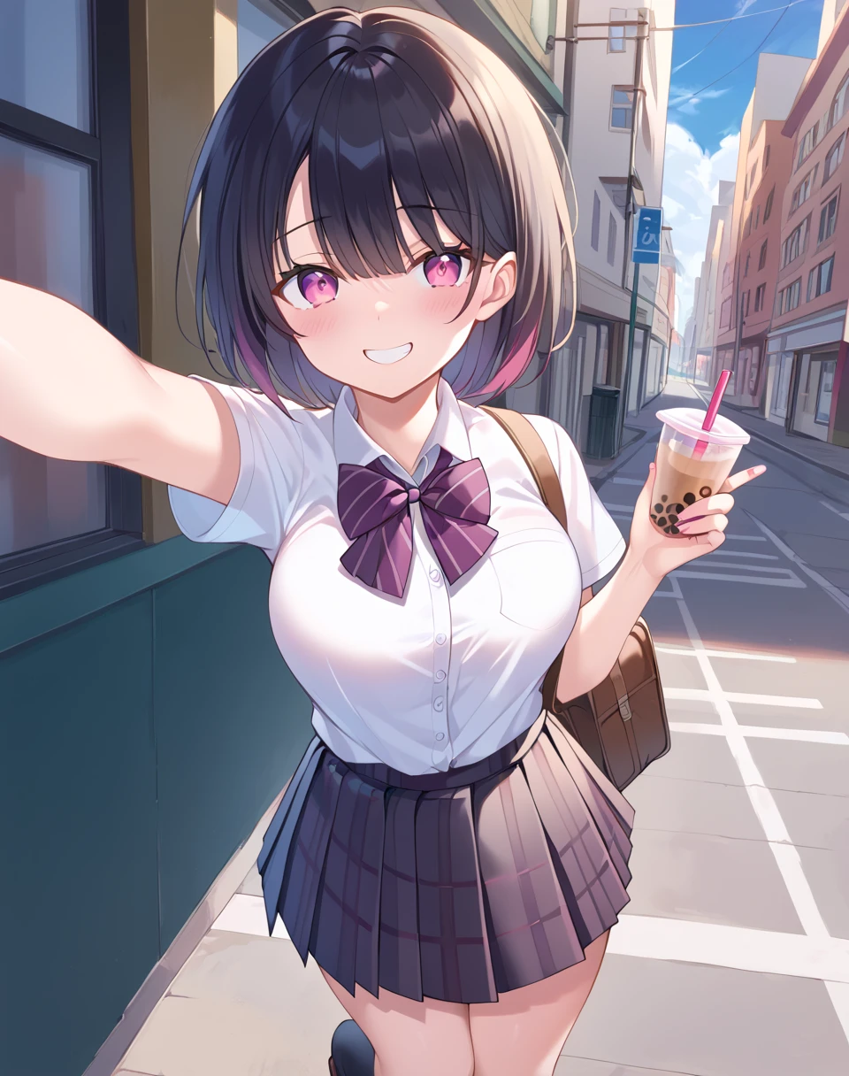 satou_koharu, black hair, short hair, pink eyes, school uniform, shirt, pleated skirt, socks, short sleeves, plaid bowtie, plaid skirt, black skirt BREAK outdoors, city street, BREAK looking at viewer, sexy smile, selfie, bubble tea on hand, standing BREAK score_9, score_8_up, score_7_up, source_anime ,zPDXL, perfect hand, <lora:Satou_Koharu:0.8>