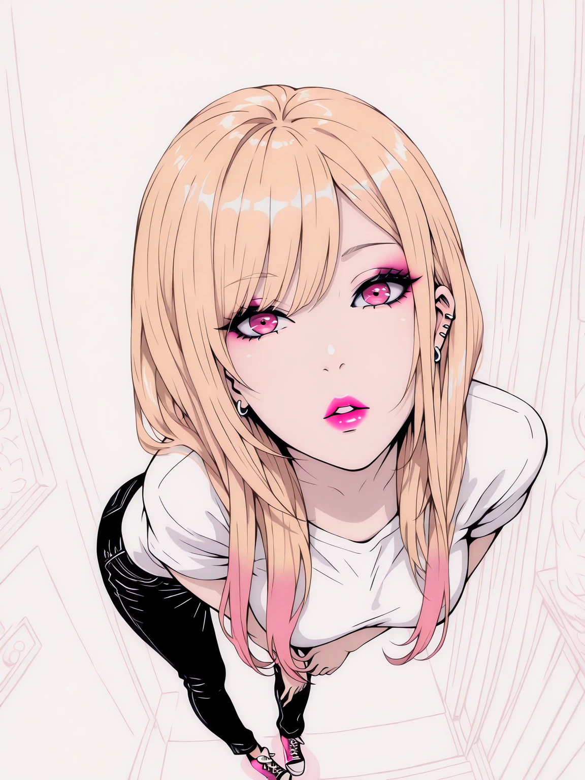 Masterpiece,best quality,1girl,long hair,solo,vector art,full body,lineart,limited color palette,looking at viewer,portrait,leaning forward,top angle,parted lips,
with a edgScene hairstyle, shirt, pink hair, multicolored hair, pants, makeup, denim,
<lora:edgSceneILS:1>
ktgw, long hair, swept bangs, multicolored hair, colored tips, blonde hair, pink eyes, large breasts, ear piercing, <lora:Hoseki_MyDressUpDarling_MarinKitagawa_IllustriousXL_v1:1>