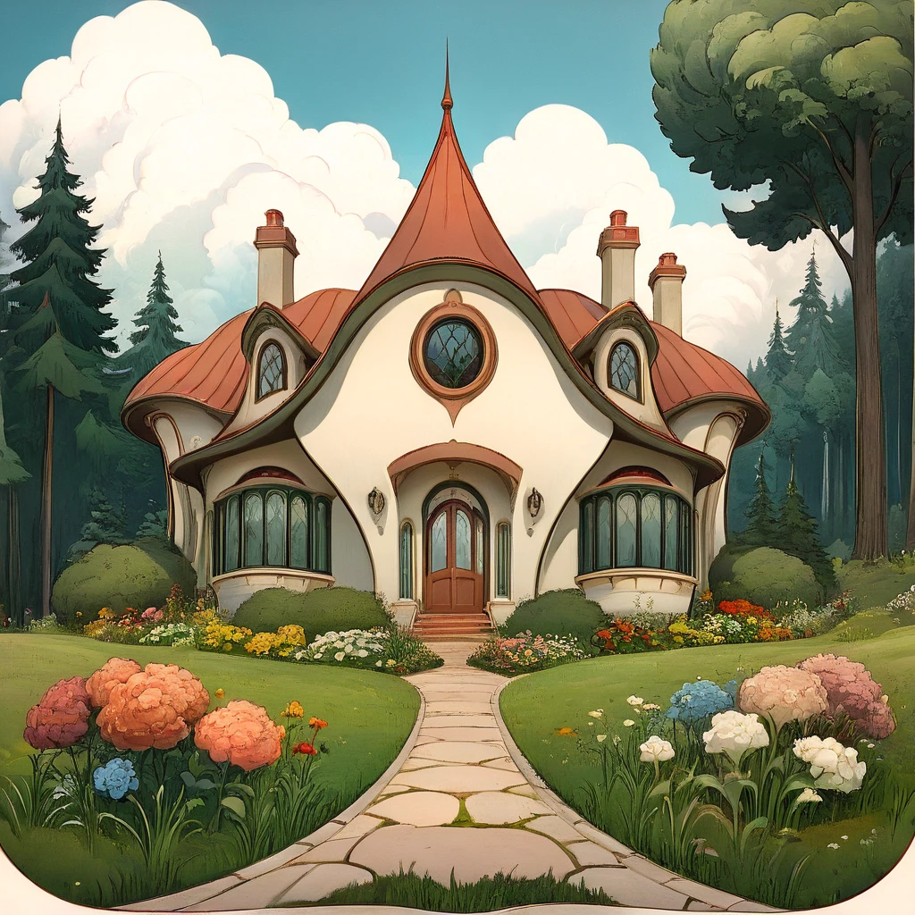 <lora:Disney_NouveauSDXL:1> ArsMJStyle,Disney Nouveau, The image shows a house with a red roof and a walkway in front of it surrounded by lush green grass vibrant flowers tall trees and fluffy white clouds in the sky., no humans, flower, tree, outdoors, scenery, sky, cloud, grass, day, path