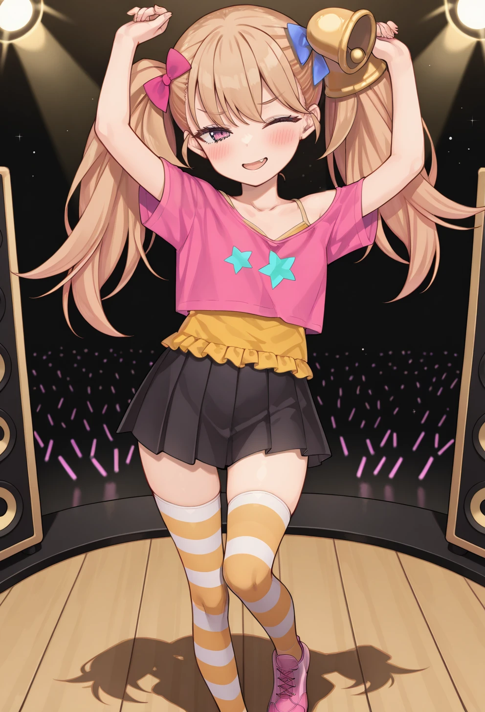 (masterpiece) ,best quality, amazing quality, very aesthetic, absurdres, Incredibly absurdres, absolutely resolution, 1girl, solo,
ã msgk_ririn_chan,  short, short stature,
 fang, twintails, hair bow,   hair ornament, bell,
, off shoulder
, layered pink t-shirt over camisole
, black pleated miniskirt
, black pleated miniskirt
, zettai ryouiki
, striped thighhighs
, pink shoes, 
blush,  wink, open mouth, 
dancing,  arms up, stage, stage lights, 
<lora:Msgk-Ririn-chan-IL-v1-rev3:1>