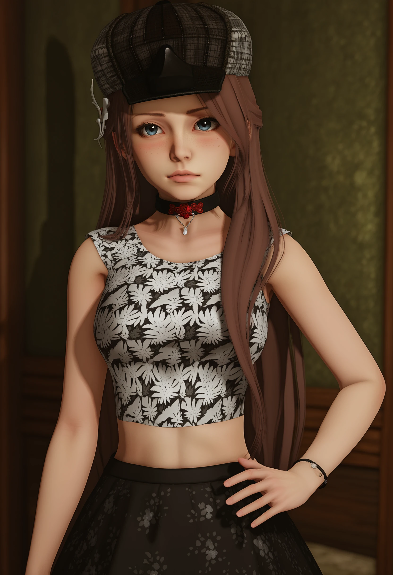 score_9, score_7_up, depth of field, sidelighting, 1girl, solo, BREAK long hair, midriff, black skirt, blush, white crop top, flower print, black and red choker, white hair ornament, standing, deerstalker,  looking at viewer, <lora:Annie Eternum V2.1:.9> annieet, small breasts, freckles, brown hair, blue eyes,