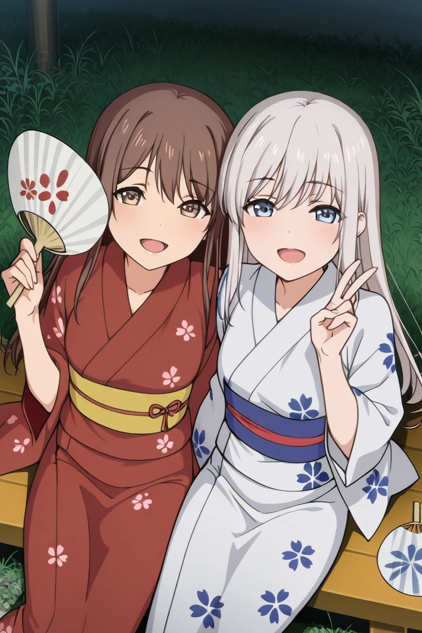 masterpiece, best quality,    2girls, long hair, smile, blue eyes, multiple girls, white hair, brown hair, brown eyes, sitting, japanese clothes, kimono, sash, holding hands, obi, grass, hand fan, yukata, red kimono, paper fan, long hair, open mouth, blue eyes, brown eyes, V, outdoors, japanese clothes, holding hands, floral print, hand fan, white kimono, paper fan, upper body, looking at viewer,   <lora:ShoujoRamuneIXL:1.2>,