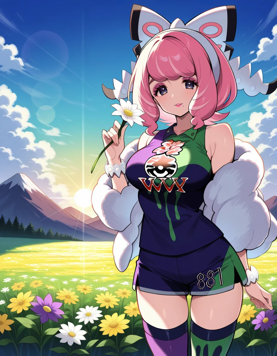 masterpiece, best_quality, absurdres,<lora:klara_pokemon_il:1> klara_pokemon, short_hair, pink_hair, drill_hair, hairband, mole_under_mouth,  eyeshadow, pink_lips, bracelet, flipped_hair, white_jacket, jewelry,  thighhighs, asymmetrical_legwear,  by_yw_marron, pearl_necklace, 1girl, lens_flare, mountain, legs, solo, necklace, flower, standing, holding_flower, sky, blue_sky, white_flower, yellow_flower, cloud, meadow, purple_gemstone, pendant, cloudy_sky, purple_flower, medium_breasts, wind, bare_shoulders, jewelry, bouquet, sun, breasts, holding, smile, bracelet, gem, flower_bracelet