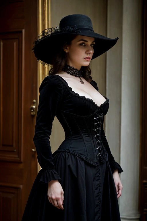 a Victorian-era gothic woman standing elegantly, (wearing a wide-brimmed black hat:1.2), long flowing Victorian dress with intricate lace details and a (tight corset:1.1), pale skin, piercing green eyes, all-black clothing, dark and mysterious atmosphere, her expression calm yet haunting, standing in front of a dimly lit Victorian mansion, high contrast between her pale skin and dark attire, 8k resolution, cinematic lighting, medium shot, detailed face and fabric, side view, gothic elegance, eerie mood