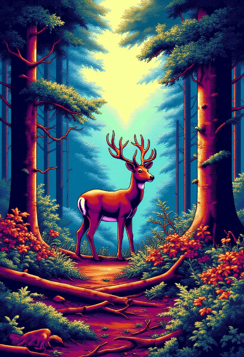 <lora:PC-98_Style_FLUXCaption:0.9>
The image is a vibrant, pc98style pixelated digital artwork of  a deer in a forest