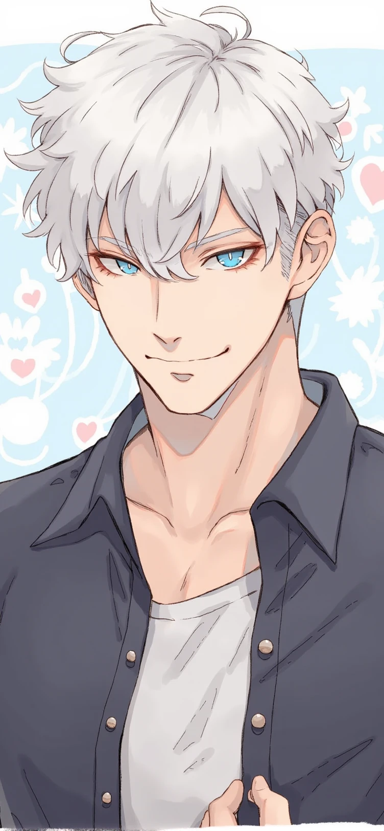 An anime-style illustration.  a handsome man with white hair, and blue eyes