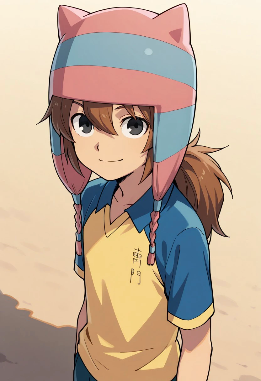 masterpiece, best quality, 
matsuno, 1boy, male focus, solo, brown hair, ponytail, black eyes, hat, animal hat, sportwear, raimon, soccer uniform, raimon soccer uniform, shirt, raglan sleeves, multicolored shirt, blue shirt, yellow shirt, short sleeves, smile
outdoor,