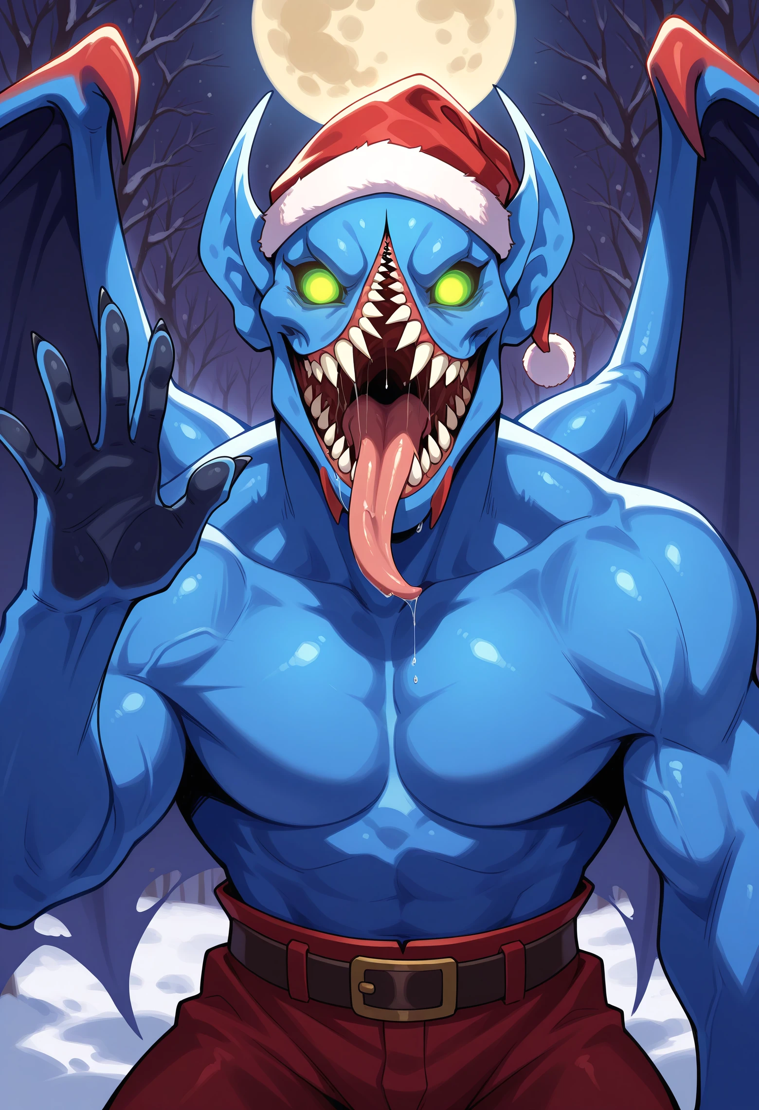 masterpiece, best quality, amazing quality, very aesthetic, absurdres,
balanarpdxl, pointy ears, monster, solo, no pupils, blue body, muscular male, wings, green eyes, looking at viewer, mouth open, sharp teeth, glowing eyes, standing, upper body, tongue out, saliva, happy, xmas, santa hat, waving, friendly, moon, night, standing <lora:Night_Stalker:1>