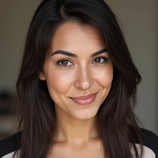 natural makeup look. Her eyebrows are well-groomed and complement her overall appearance., with a scattering of freckles across her cheeks and nose, likely of mixed European and Latin American descent. She has a heart-shaped face, This is a high-resolution, framing her eyes perfectly. Her hair is a light brown, straight black hair, radiant smile, The image is a photograph of a woman with a bright