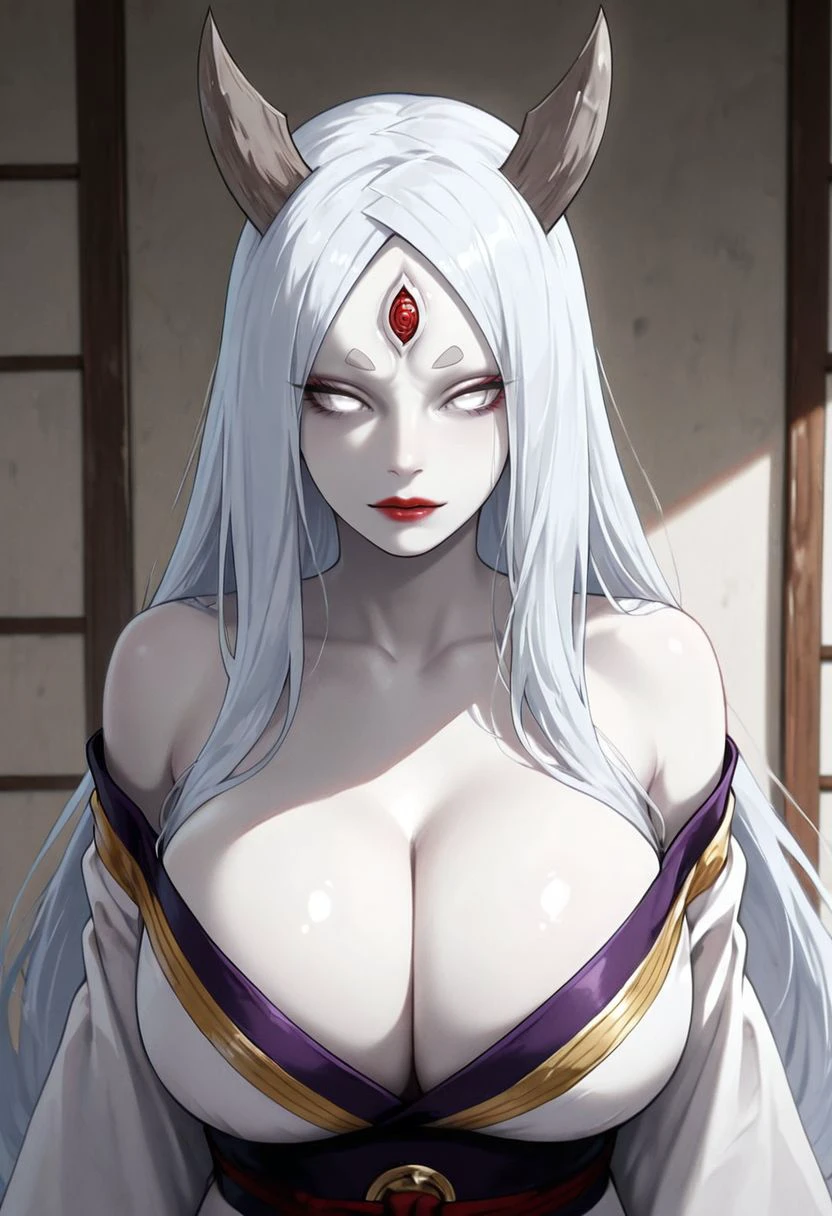 masterpiece,best quality,amazing quality, <lora:otsutsuki_kaguya_illustrious_goofy:1>otsutsuki kaguya, 1girl, japanese clothes,pale skin,  third eye, cleavage, lipstick, makeup, hikimayu, kimono, bare shoulders, short eyebrows, upper body, off shoulder, white eyes, rinne sharingan