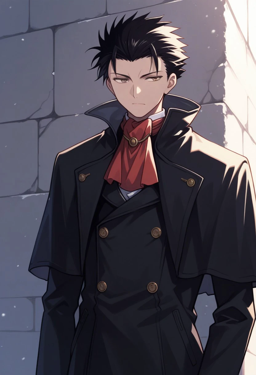 masterpiece, best quality, 
kurogane, 1boy, male focus, solo, brown eyes, black hair, short hair, spiked hair, ascot, red ascot, coat, black coat, long sleeves,
outdoor,