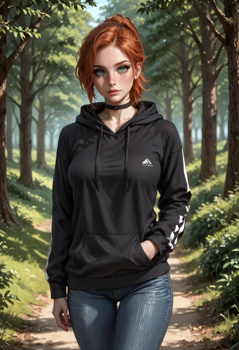 safe_pos, PonyScores7 BREAK [white|Asian], [Susan|Laura|Jane|Nadine], 1girl, 30 year old, fit, woman, short auburn ponytail, freckles, green eyes, black eyeliner, philtrum, beautiful eyelashes, (saggy), medium breasts BREAK walking BREAK relaxed, Expressiveh BREAK black choker, hoodie, jeans BREAK outdoors, sundown BREAK photorealistic, realistic, portrait, intricate details, detailed face, detailed eyes, realistic skin, detailed hair, natural lighting BREAK CalmFD, Stable_Yogis_PDXL_Positives, <lora:abs slider_last:0.1>, <lora:breasts_size_slider_pdxl_goofy:1>, <lora:Calmlike_V3:1>, <lora:Expressive_H:0.75>, <lora:Super_Multi_Detailer_By_Stable_Yogi_A1:0.8>, <lora:Super_Skin_Detailer_By_Stable_Yogi_PD0_V1:0.8>