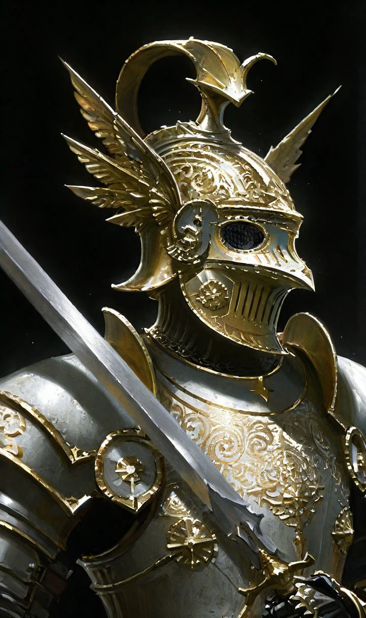 d1style, 1other, armor, ornate, gold trim, helmet, intricate design, black background, no humans, fantasy, digital painting, upper body, weapon, sword, holding sword, detailed, high contrast, glowing, light effects, fantasy art, character design, warrior, knight, medieval, fantasy armor, decorative, elaborate, majestic, regal, fantasy character  <lora:diablo_style:0.8>