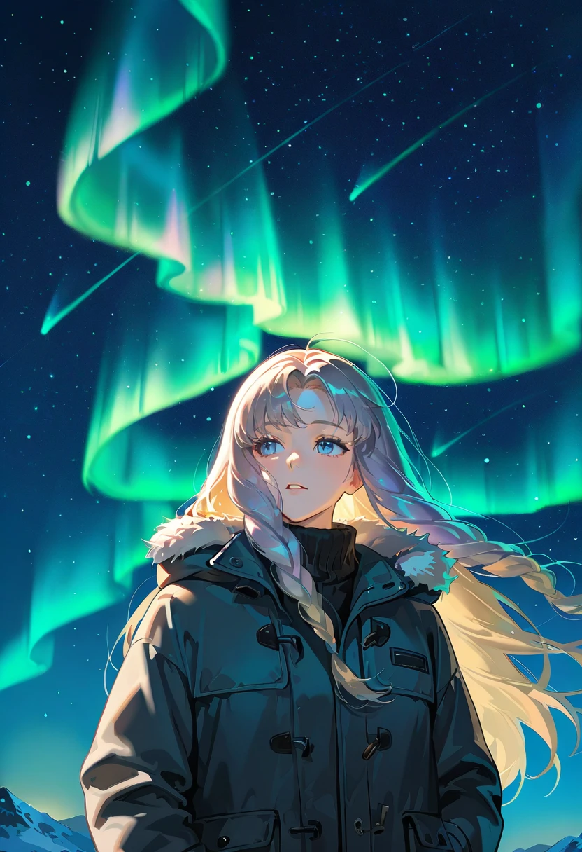 aurora borealis, aurora, starry sky, night,1girl,upper body,winter clothes,