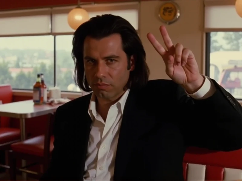 <lora:Vincent Vega:0.9> Vincent Vega, man with black hair and black suit, he make a sideway peace sign with his fingers in a vintage diner