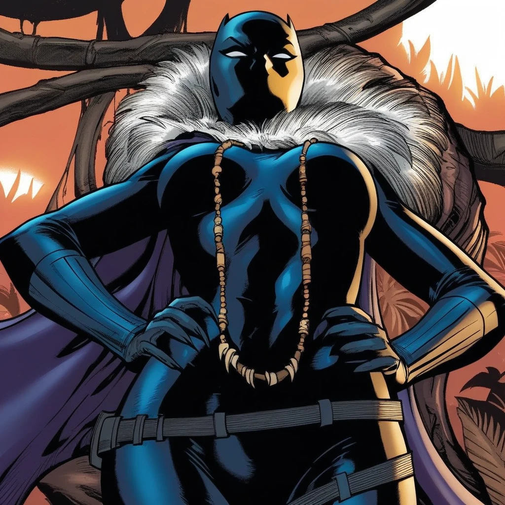 jungle, jungle background, day, day time, 2d, 1girl, masterpiece, best quality, extreme detail, hourglass figure, wide hips, round boobs, bubble butt, medium breasts, slim waist, mature female, BlackPanther, Shuri, Marvel, white eyes, no pupils, black bodysuit, bodysuit, black gloves, black boots, mask, black mask, covered face, no mouth, belt, black belt, cape, purple cape, jewelry, necklace, fur trim, claws,  close up, looking at viewer, hands on hips, view from below