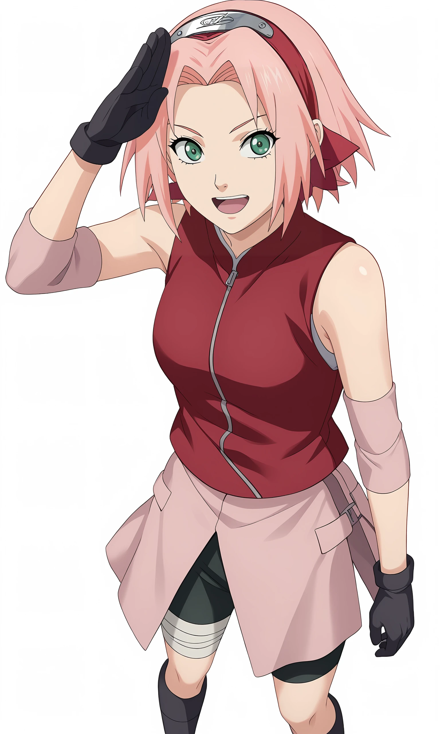 score_9, score_8_up, score_7_up, game cg,
pov, from above, salute, 
harunosakura, 1girl, pink hair, green eyes, short hair, black gloves, elbow pads, sleeveless shirt, looking at viewer, pink skirt, forehead protector, bandaged leg, black shorts, konohagakure symbol, red shirt, haruno sakura, 
blush,  smile, open mouth, 
simple background, white background,
 <lora:Sakura_PXL:0.9>