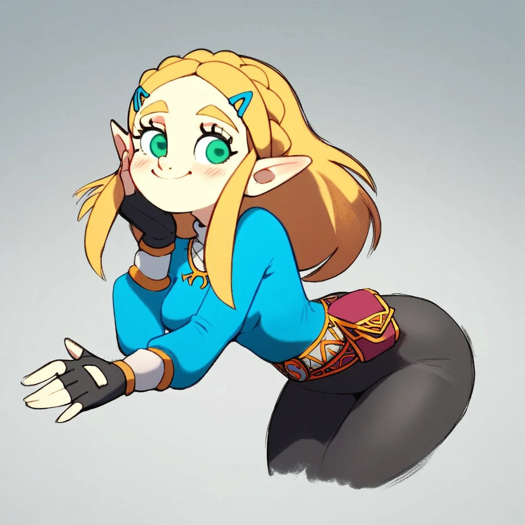 score_9, score_8_up, score_7_up, radicalsoda, medium breasts, cute, eyelashes, leaning forward, princess zelda, long hair, crown braid, hairclip, pointy ears, blue shirt, long sleeves, fingerless gloves, black gloves, black pants, tight pants, green eyes, solo, looking at viewer, smile, blush,