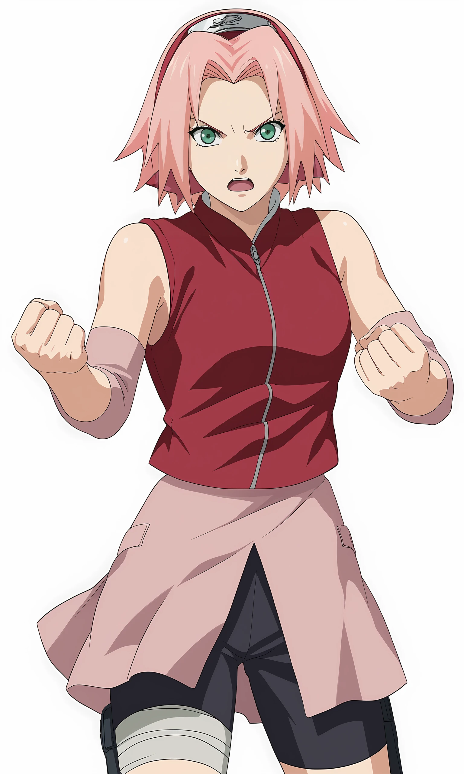 score_9, score_8_up, score_7_up, game cg,
clenched hands, 
harunosakura, 1girl, pink hair, green eyes, short hair, black gloves, elbow pads, sleeveless shirt, looking at viewer, pink skirt, forehead protector, bandaged leg, black shorts, konohagakure symbol, red shirt, haruno sakura, 
fighting stance, 
serious, open mouth, 
simple background, white background,
 <lora:Sakura_PXL:1>