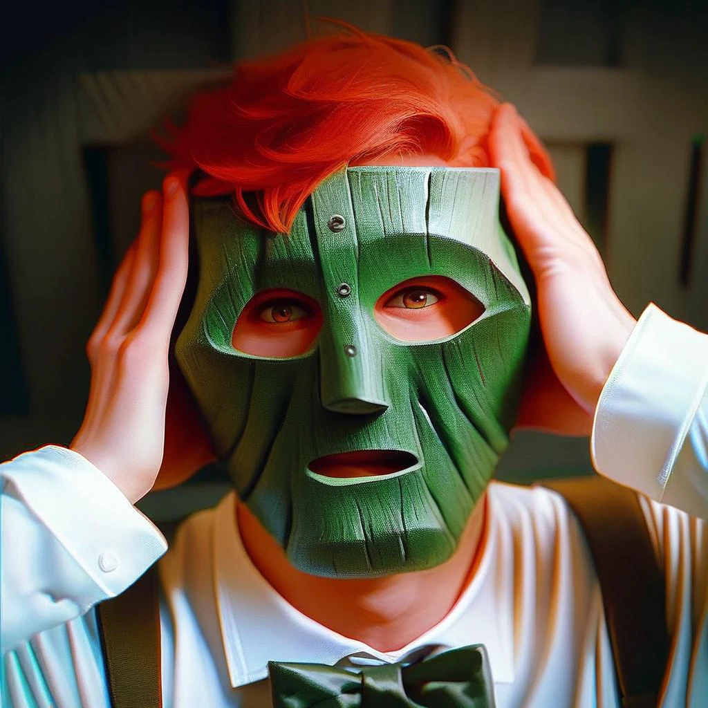 score_9, score_8_up, score_7_up, source_cartoon,  wooden mask, solo, looking at viewer, red hair, white shirt, long sleeves, 1boy, white shirt, upper body, male focus, pov, bowtie, suspenders, green mask, hands on headwear, hands on own face