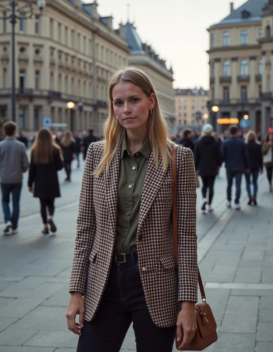 photo, melkrollflux,Waiting for a bus in a city square wearing a plaid blazer,  <lora:melkroll:1>