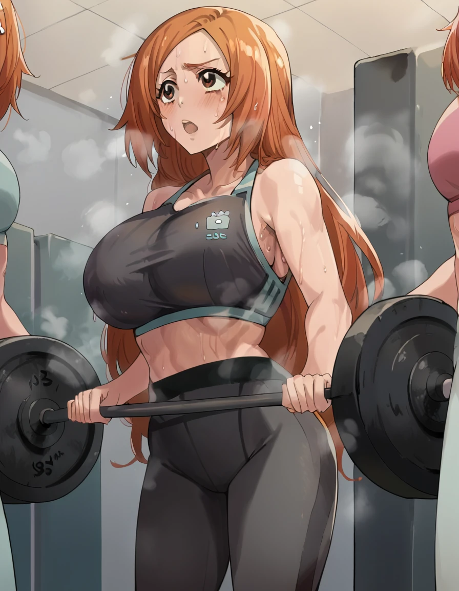 score_9, score_8_up, score_7_up, source_anime, <lora:inoue-orihime-tybw-ponyxl-lora-nochekaiser:1>, inoue orihime, long hair, orange hair, brown eyes, large breasts,, <lora:dead-lift-ponyxl-lora-nochekaiser:1>, dead lift, holding, exercise, weightlifting, barbell,, yoga pants, sports bra, steam, open mouth, sweat, blush, gym,, cowboy shot,