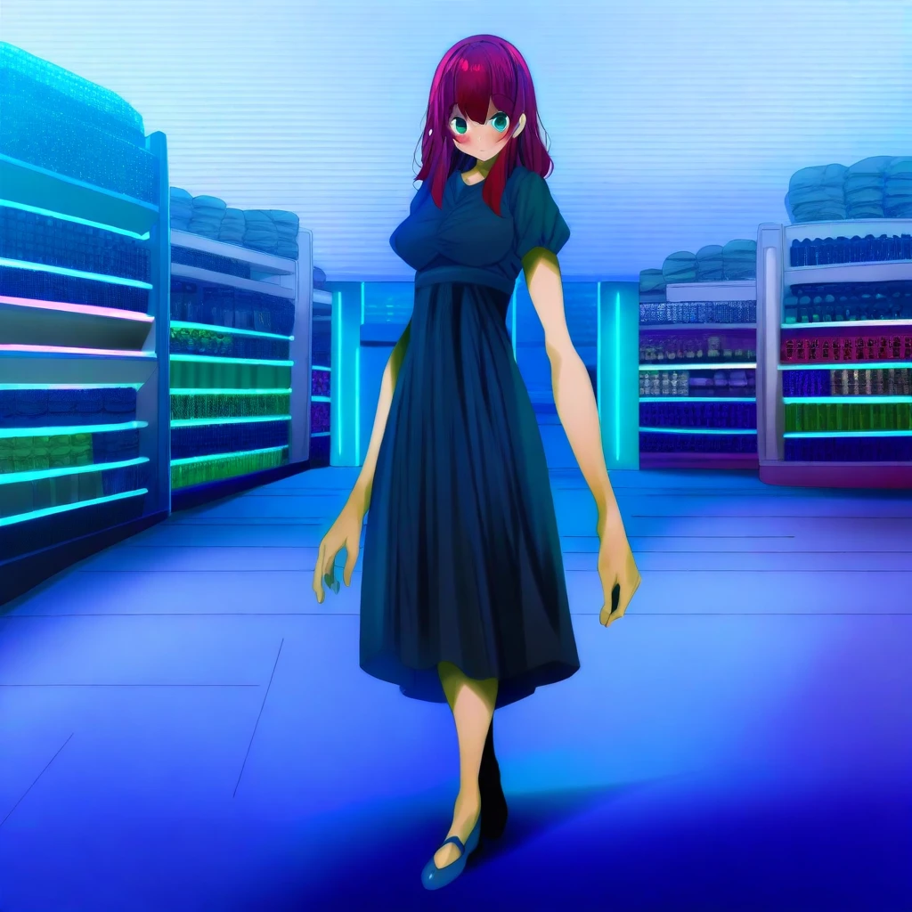 sfw, masterpiece, best quality,absurderes, <lora:HyperIllustrious:1>, fumihiko,1girl,solo,full body,hyper arms,dress,red hair,green eyes,standing,indoors,shopping mall