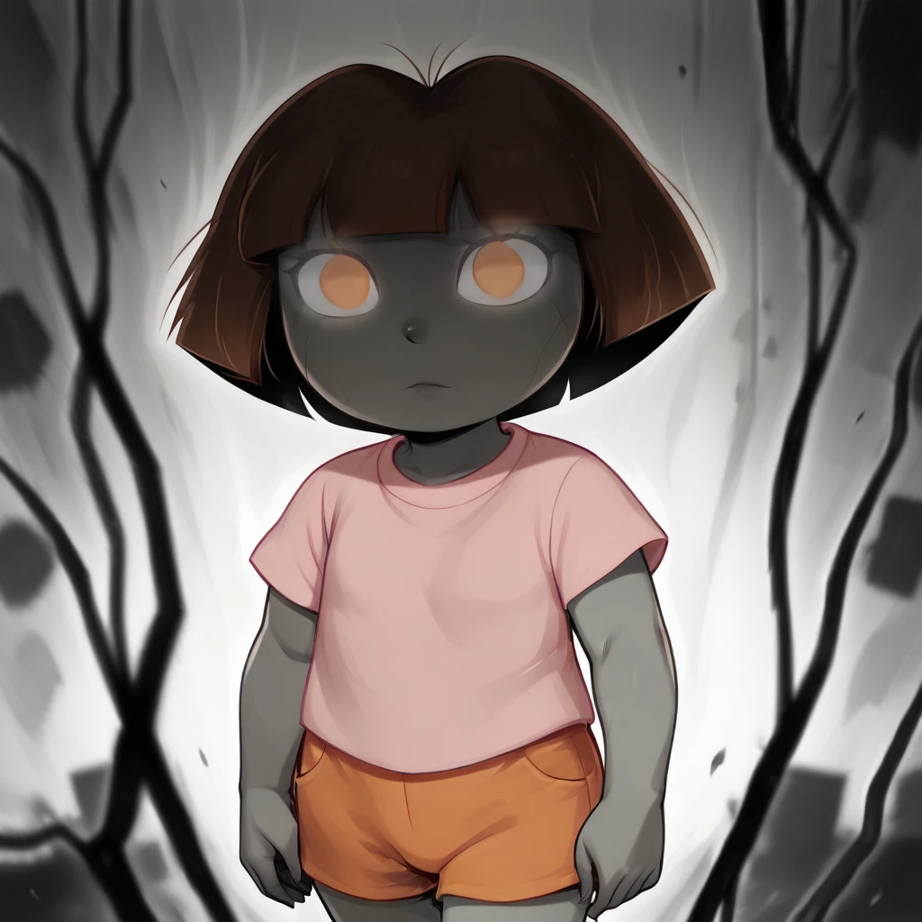 masterpiece, best quality, RageMode, no pupils, glowing eyes, monochrome, greyscale, 1girl, solo, Dora, short hair, brown hair, brown eyes, tan, pink shirt, orange shorts, cowboy shot, <lora:DoraTheExplorer_illustrious_Leaf3:1>,  <lora:RageMode_MobPsycho100_illustrious_Leaf2:0.8>