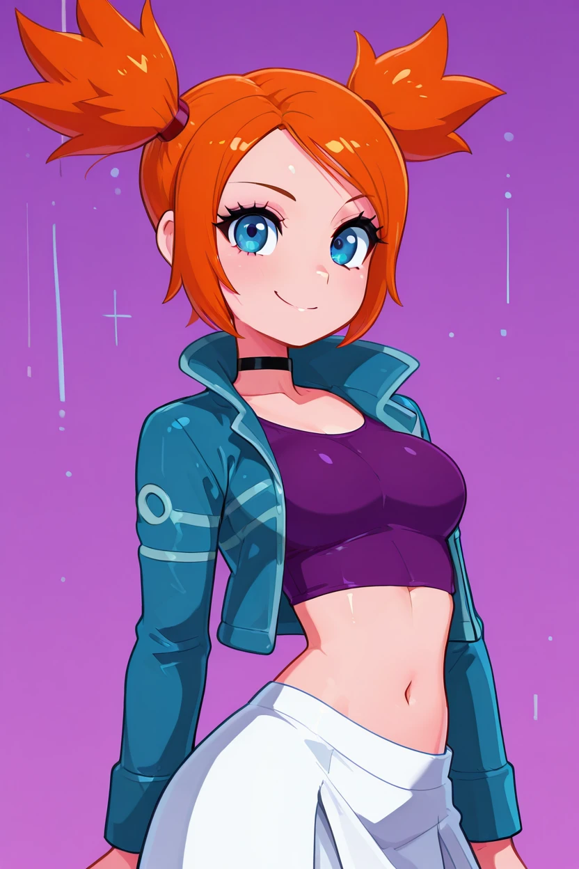 masterpiece, best quality, 1girl, solo, 21 year old model, eyelashes, (beautiful eyes),     ,,,zzRui, blue eyes, orange hair, short hair, twintails,  choker, purple shirt, navel, midriff, long sleeves, blue jacket, open jacket, white skirt,  <lora:RuiPokemonIXL_v4:1.0>, upper body, side view, smile, looking at viewer, shiny skin,<lora:LandidzuStyleIXL:1.0>,