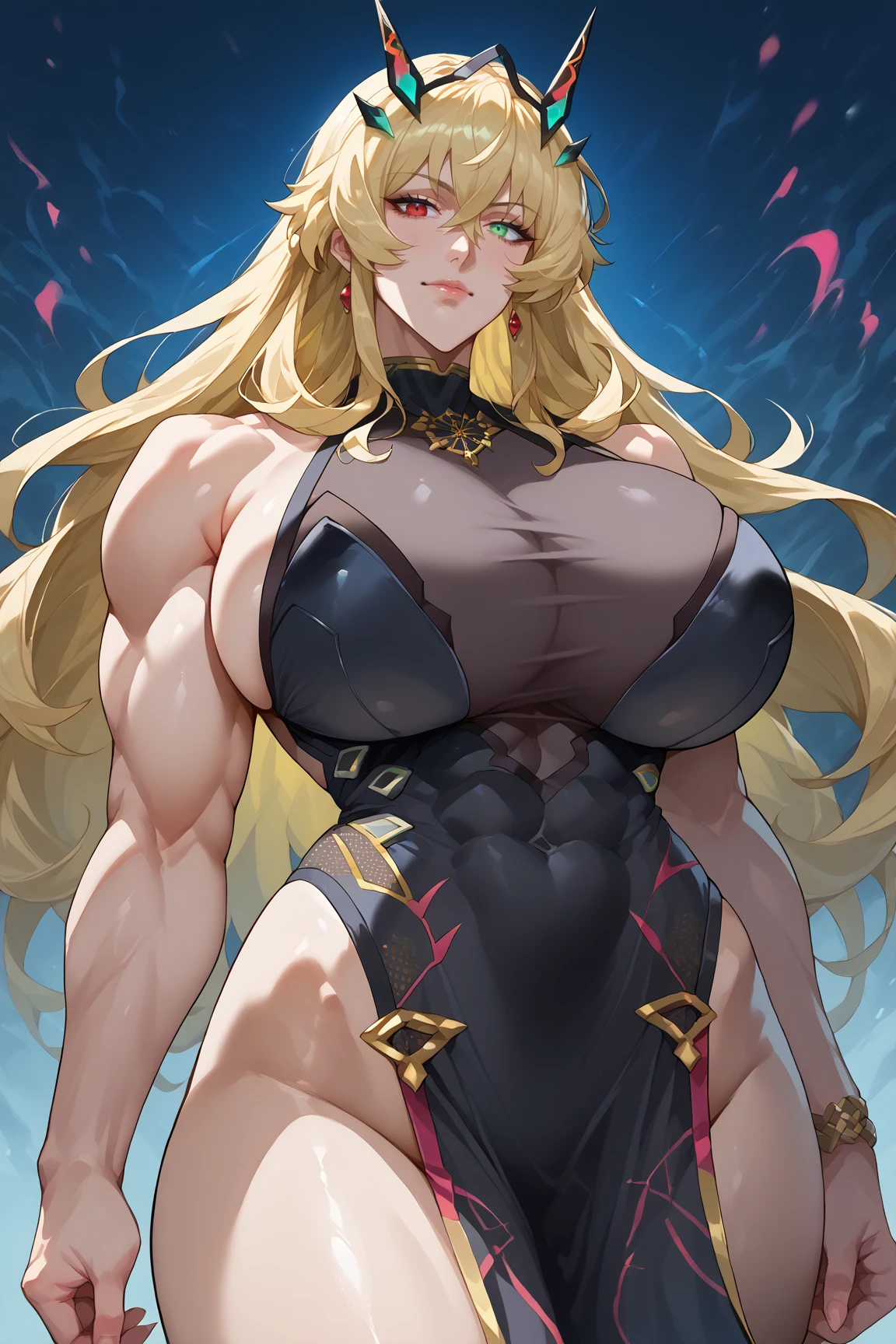 Super detailed、highest quality、Best image quality、masterpiece、8K、Anime Face、A kind smile、Open Mouth、Sparkling Blue Eyes、(Long blonde curly hair:1.4)、Wearing a maid headband、(SFW huge body)、(((Rear view)))、Cowboy Shot、(She is wearing a grey thong.:1.5)、Muscles of the whole body、Hands on hips、Stick your ass out