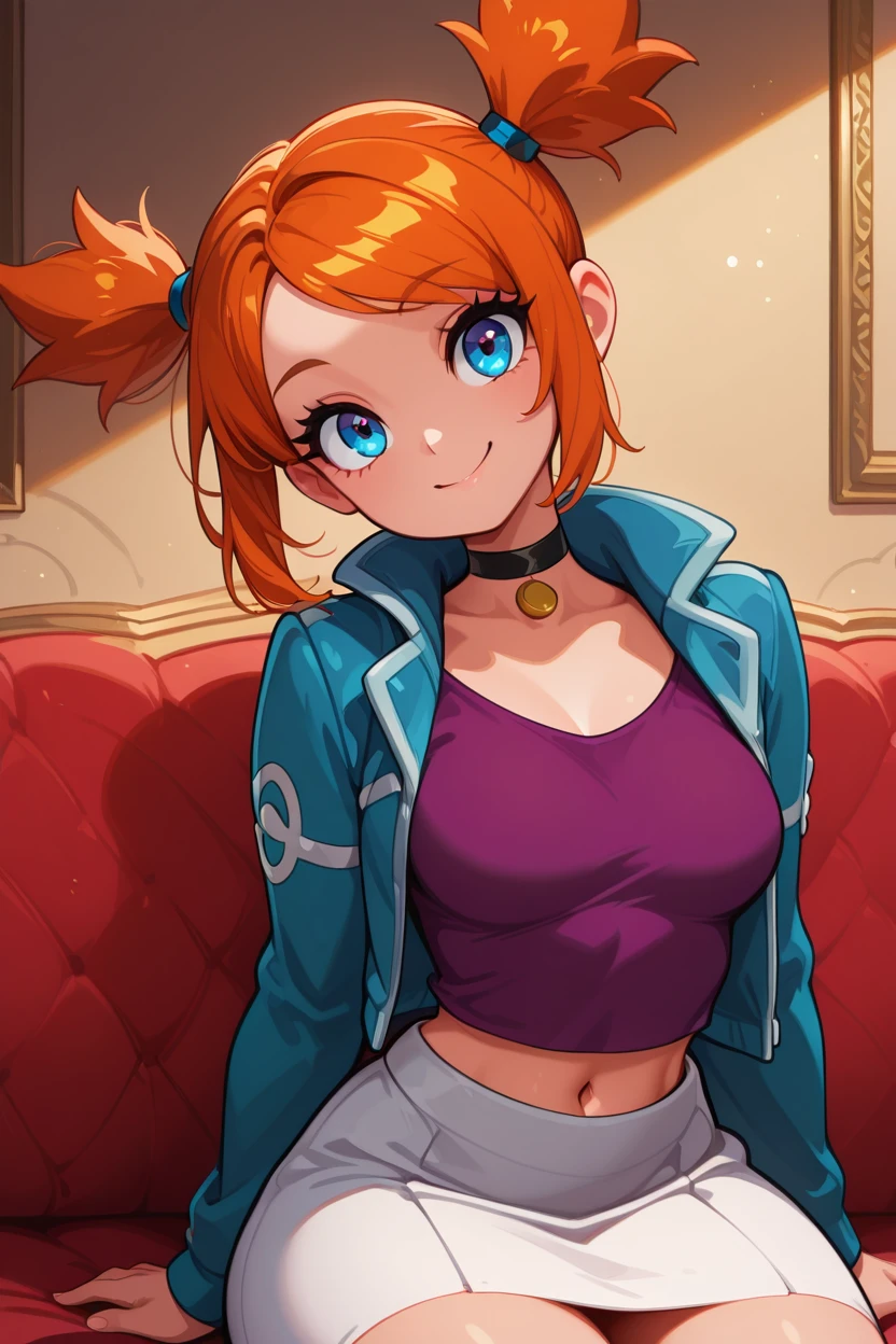 masterpiece, best quality, 1girl, solo, smile, looking at viewer, medium breasts, (curvy), cute, eyelashes, sitting, zzRui, blue eyes, orange hair, short hair, twintails,  choker, purple shirt, navel, midriff, long sleeves, blue jacket, open jacket, white skirt,  <lora:RuiPokemonIXL_v4:1.0>, BREAK,,,   smile, curvy, head tilt, sitting on couch, looking at viewer, cowboy shot, <lora:GoldenCATLoraIXL:0.6>, <lora:princess_xl_v2:0.3>,