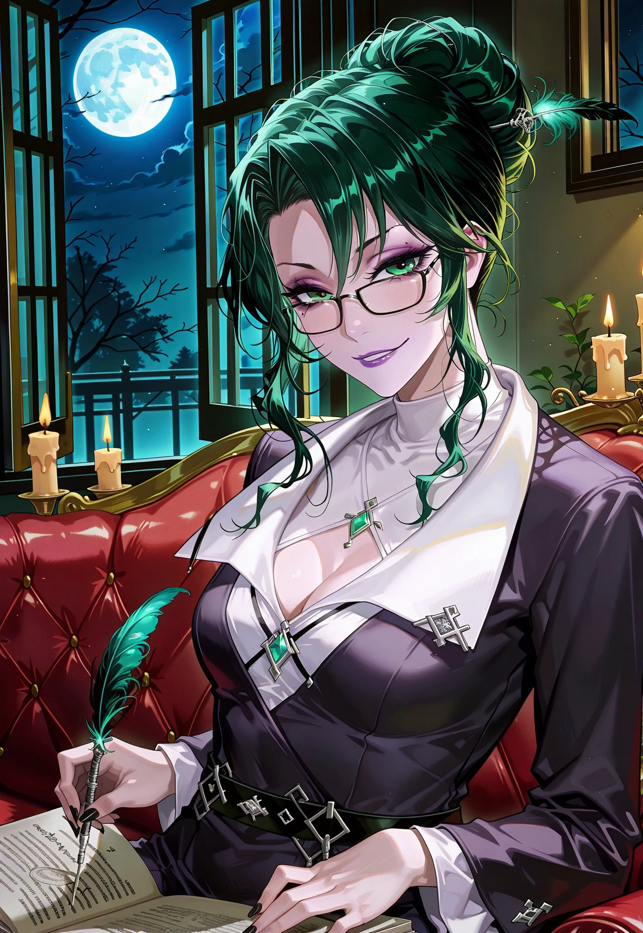 masterpiece,best quality,amazing quality, Dutch angle, close up, portrait, face focus, green hair, from side, solo, mature female, ravenptn, Hair bun, (detailed eyes), Face-framing tendrils, long hair, green eyes, purple lips, hair feather, Glasses, form fit black dress, white blouse, light cleavage, brooch, chest jewel, belt, dark makeup, sitting on a couch, smirk, parted lips, writing, open book, holding a single quill, looking at viewer, black nails, night time, open window, moon, candle