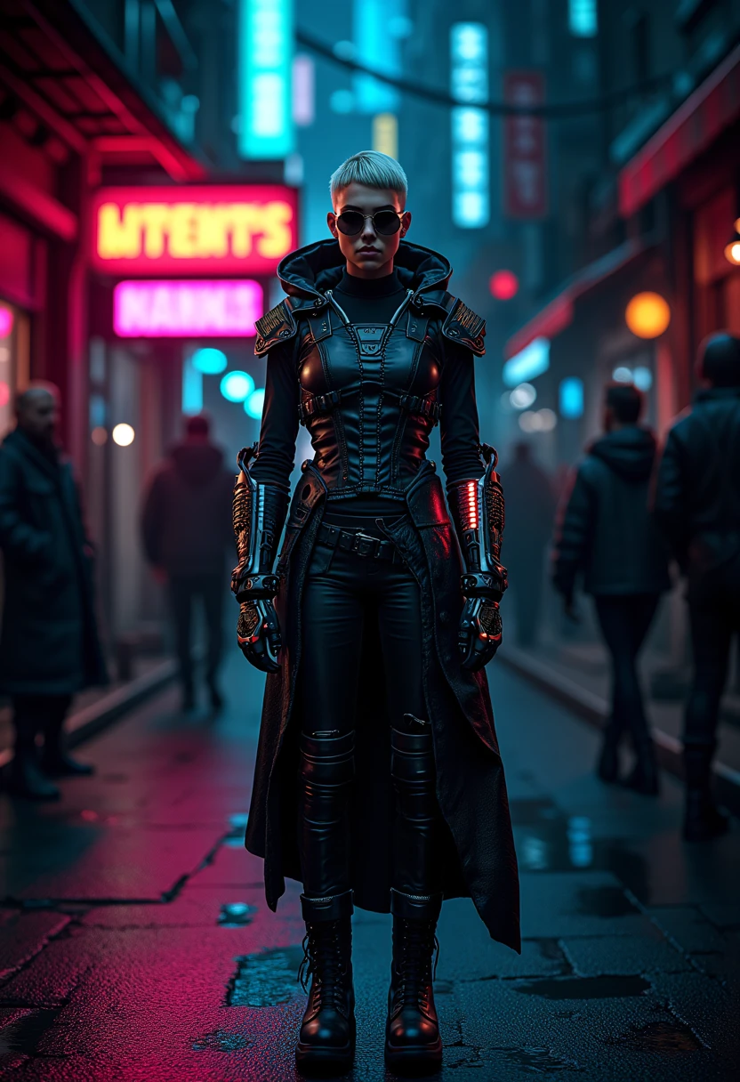 Amidst the vibrant cyberpunk metropolis, a young vikingpunk mercenary stands out in a neon-lit alley, her cybernetic implants and (biomechanical cybernetic mechanical_arms with organic elements fused with metal, pulsing veins, biomechanical textures), glowing in the city's light.  She wears a futuristic vikingpunk outfit, including leather_vest, wide combat style leather_belt, shirt, leather_pants, with combat_boots. The ensemble is reminiscent of vintage viking armor with a completely futuristic aesthetic.  The alley, bustling with urban life, sets the stage for her confident presence. Her short undercut hair and terminator-style sunglasses create a distinctive look, representing the fusion of her cultural heritage and futuristic enhancements. This scene, with its atmospheric lighting and urban environment, captures the essence of a viking woman, transported through time, navigating this new world, leaving a lasting impression in the heart of the city.   <lora:flux_trainer/fluxPunk_v1.safetensors:1.0>,