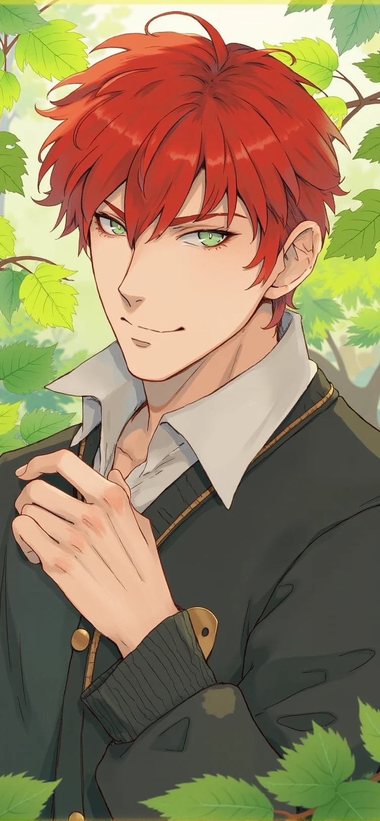 An anime-style illustration.  a handsome man with red hair, and green eyes,in a garden