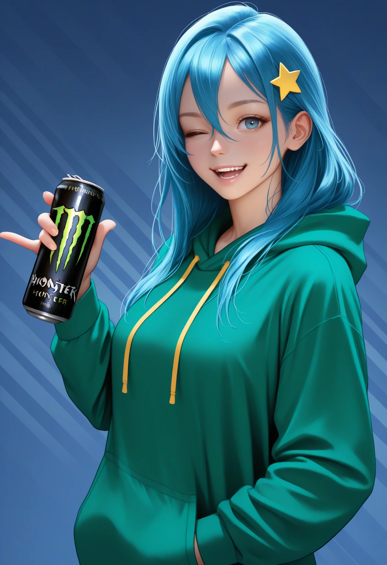 masterpiece, best quality, realistic, <break> foreshortening, upper body, solo, 1girl, :d, teeth, looking at viewer, standing, hand in pocket, holding can, energy drink, monster energy, pinky out, long hair, blue hair, hair between eyes, star hair ornament, blue eyes, one eye closed, green hoodie, hood down, drawstring, long sleeves, blue background, striped background
<segment:yolo-Anzhc Face seg 640 v2 y8n.pt,0.4,0.5//cid=1>