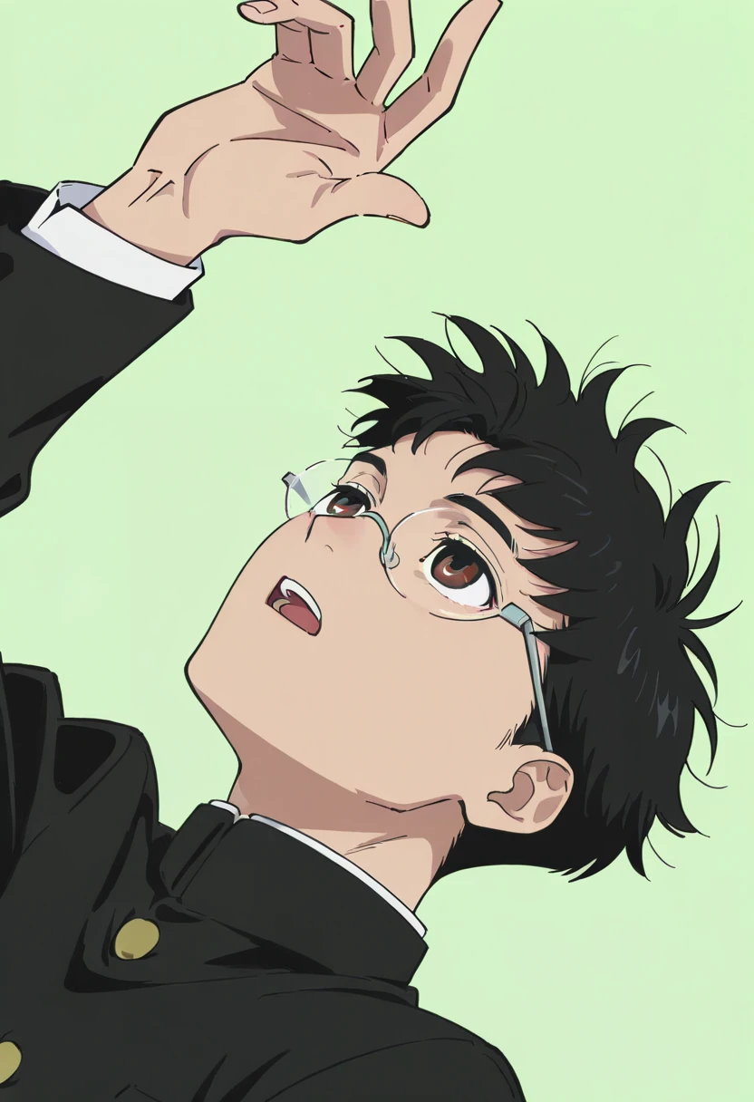 dandadan, 1boy, male focus, glasses, black hair, solo, school uniform, gakuran, brown eyes, upper body, looking up, short hair, open mouth, Okarun