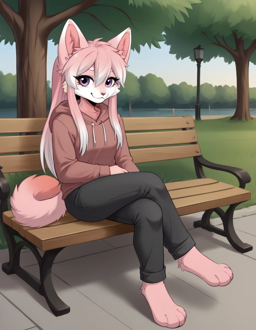 bunny girl with blue eyes, black nose, white fur, fluffy tail, white ears, long white hair, outside park background, sitting down on a bench, hair over one eye, pink hoodie, full body, big, realistic