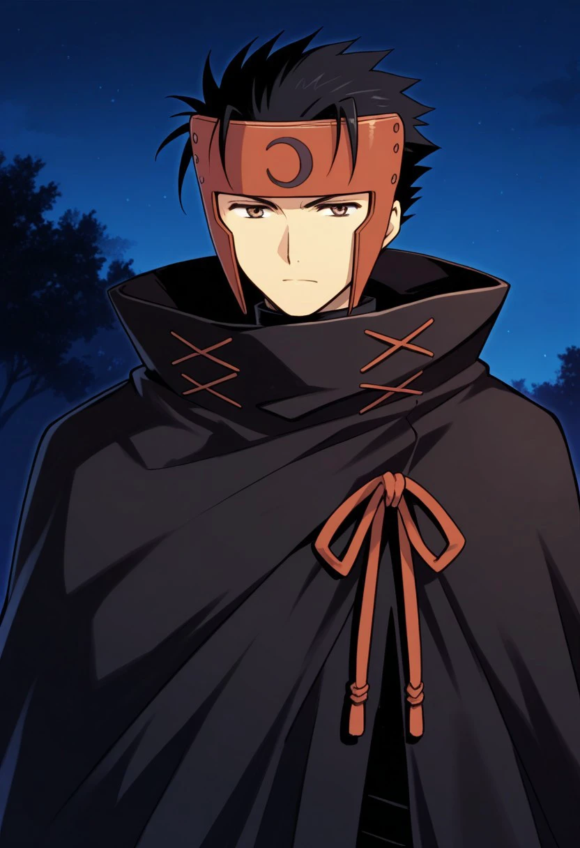 masterpiece, best quality, 
kurogane, 1boy, male focus, solo, brown eyes, black hair, short hair, spiked hair, forehead protector, headband, cloak, black cloak, high collar
outdoor, night,